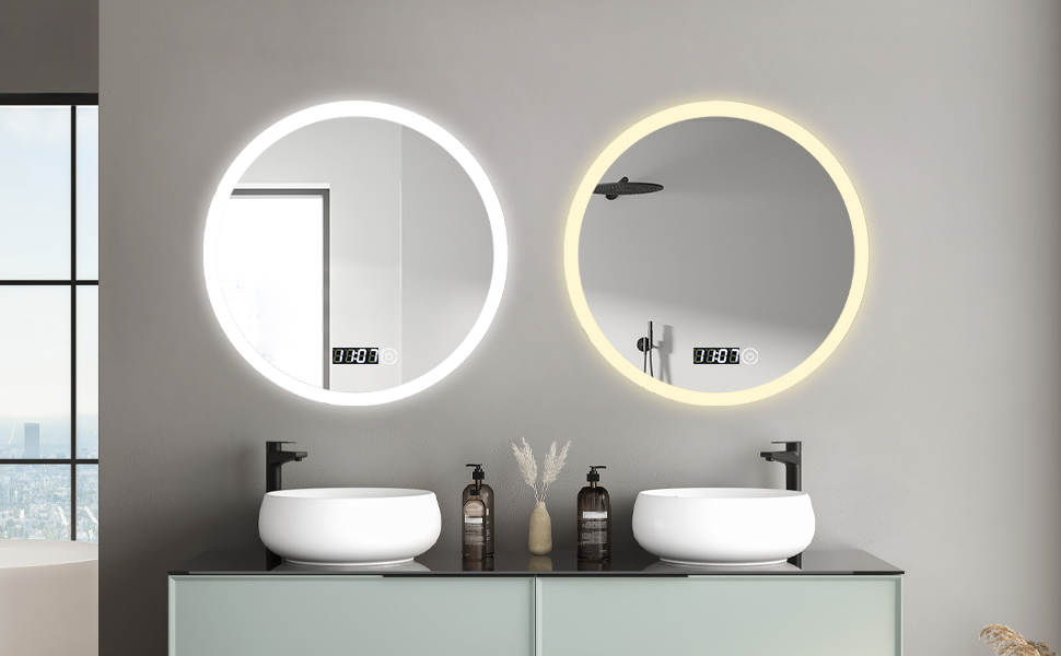Круглий дзеркало для ванної кімнати Boromal з підсвічуванням, годинником та 3 кольорами світла (60см)