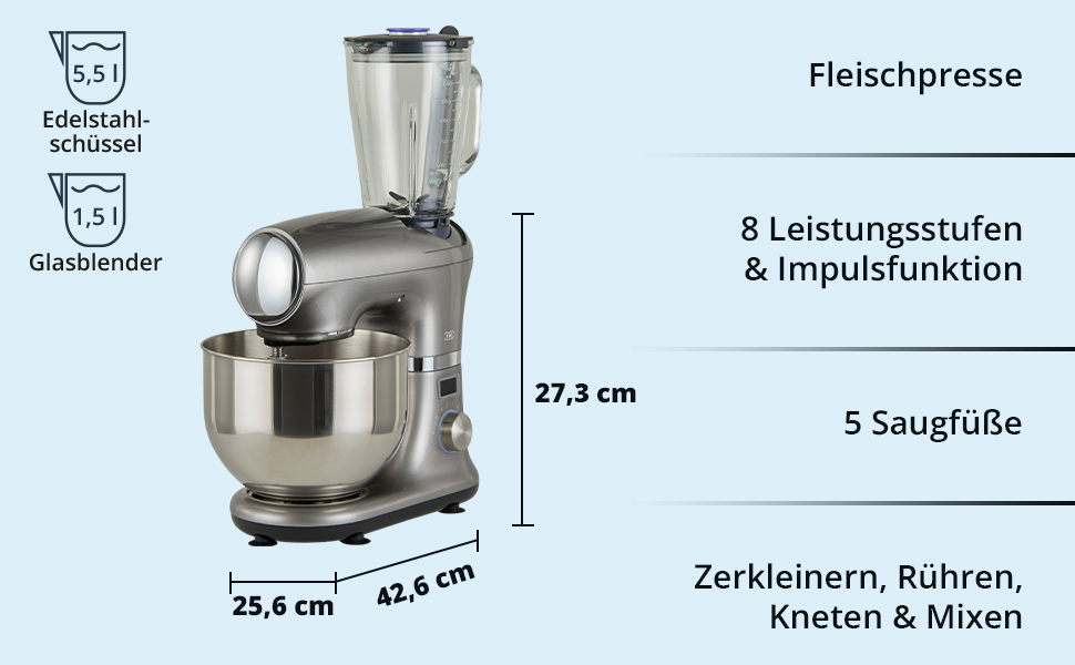 Кухонний комбайн KHG машина для срібного тіста безшумна 85 дБ 1000 Вт, м'ясорубка тістомісильна машина кухонний комбайн міксер, чаша з нержавіючої сталі 5,5 літра, насадка для блендера, 8 рівнів потужності, таймер, всмоктуючі ніжки