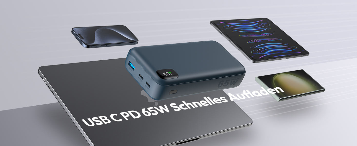 Вт 20000 мАг, PD3.0 QC4.0, 3 виходи, швидка зарядка USB-C, для ноутбука та мобільного телефону, 65