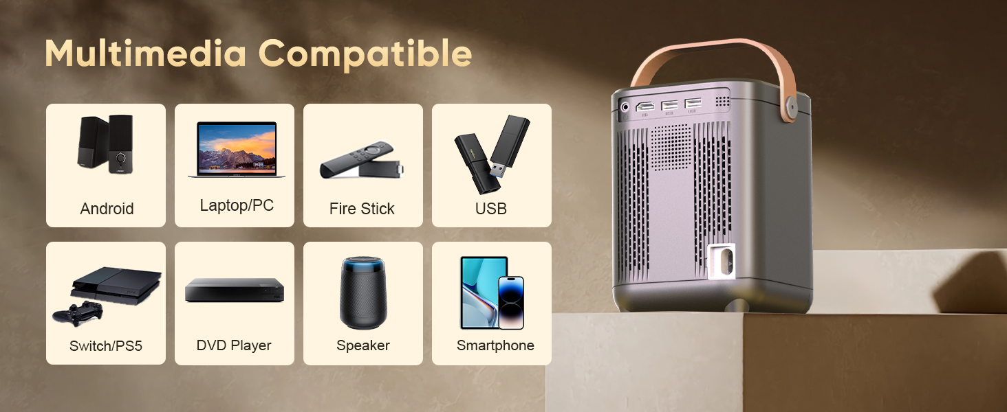 Міні проєктор Beamer Bluetooth Full HD 1080P для кіно та ігор, портативний, сумісний з iOS, Android, Windows, TV Stick, HDMI, Smartphone, ігровими консолями, USB, з пультом ДУ