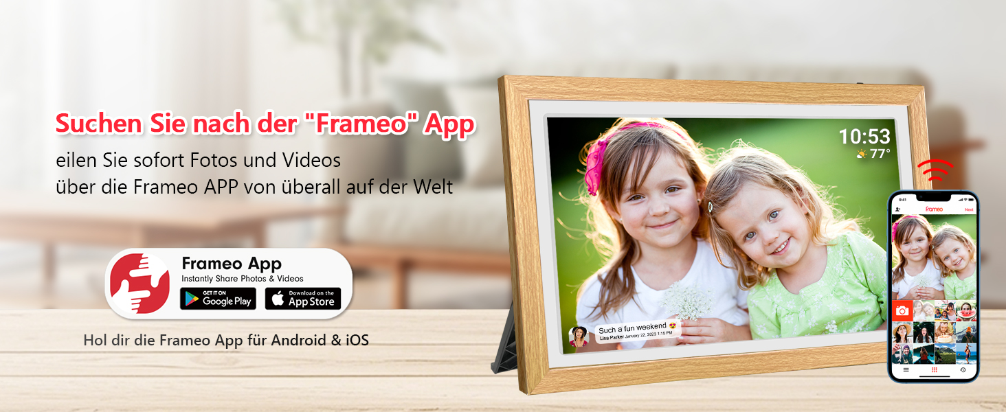 Цифровий фоторамка FRAMEO 21.5 дюймів з IPS LCD сенсорним екраном, Wi-Fi, 32 GB, USB/SD розширення, Auto-Rotate, для кріплення на стіну, жовтий