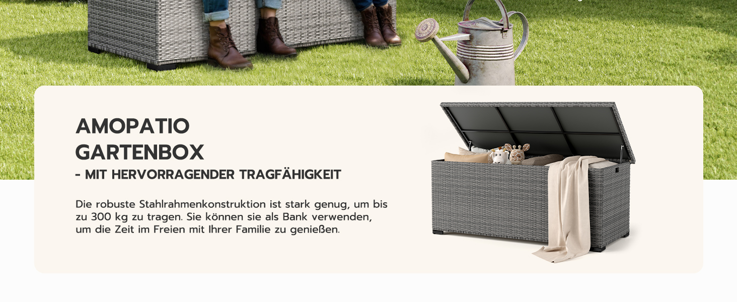 Водонепроникний садовий ящик Amopatio Gartenbox 650л з поліротангу, сірий. Ящик для подушок, металева коробка для зберігання з газліфтами для саду, балкону