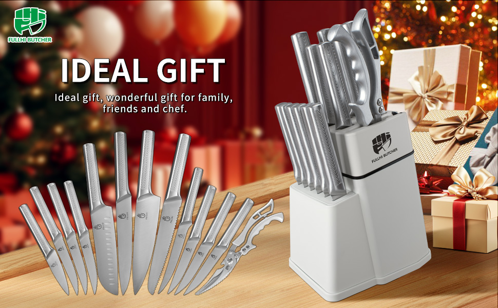 Набір кухонних ножів Fullhi 14 предметів з бруском для заточування, набір кухонних ножів з блоком, преміум якість (срібляста сталь)