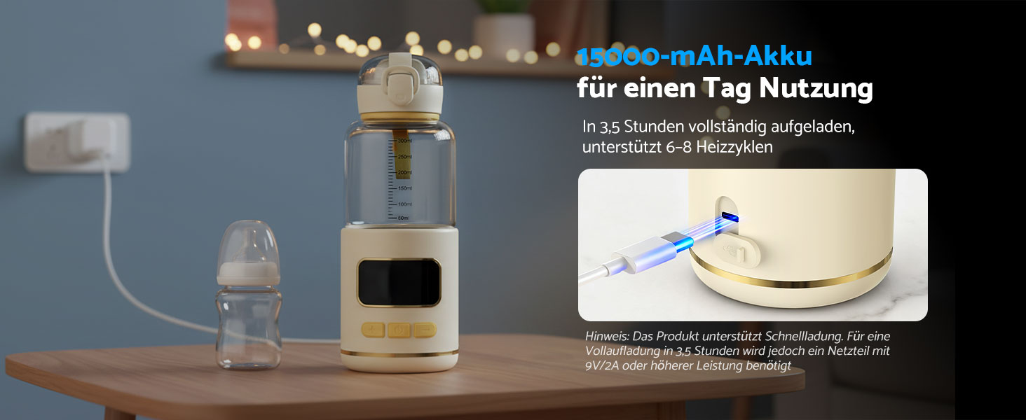 eSynic Підігрівач для пляшечок 450мл з акумулятором 15000mAh, портативний, швидкий нагрів (2-3 хв), для дитячого харчування та води, USB-C, BPA-free, з боросилікатного скла, для подорожей та нічного годування