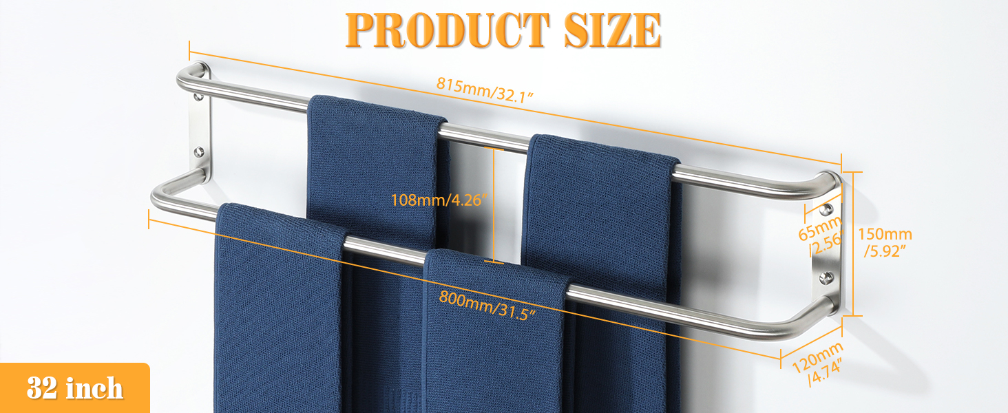 Тримач для рушників подвійний з нержавіючої сталі 304, 80 см, для ванної кімнати та кухні