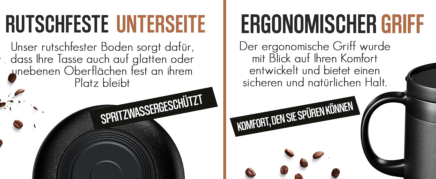Термокружка з ручкою, подвійні стінки, вакуумна ізоляція, нержавіюча сталь 18/8, з 2 кришками, протиковзке дно, 440 мл, для офісу та робочого місця