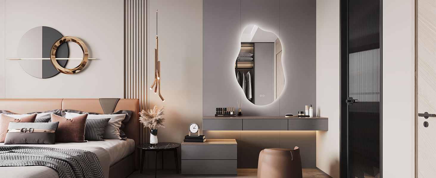 Дзеркало для ванної кімнати Dripex LED з підсвічуванням, сенсорне керування, регулювання яскравості, 3 кольори світла, без запотівання, асиметричне, 85x52 см