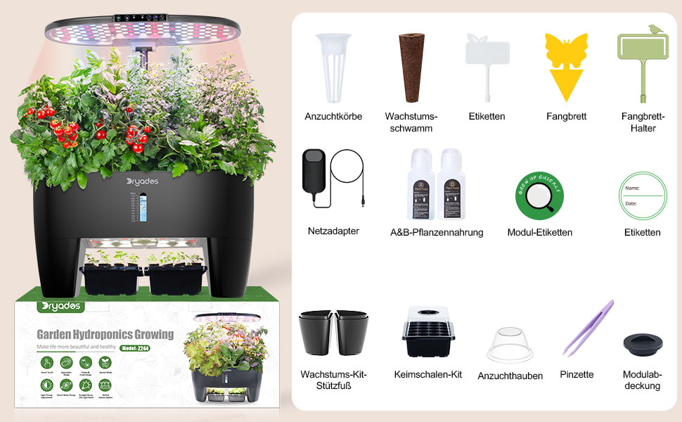 Гідропонна система вирощування: 8 горщиків, 24W LED лампа повного спектру з сигналом про нестачу води | Внутрішній сад для кухні, вітальні, школи | Подарунок для любителів садівництва (16 горщиків - Чорний)