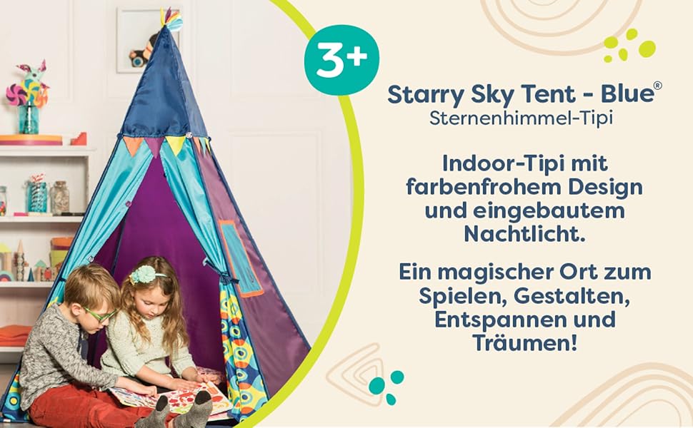 Дитяче намету B. toys Tipi з ліхтарем – ігровий намет для дому, кімнати, в приміщенні для хлопчиків та дівчаток від 3 років, блакитний