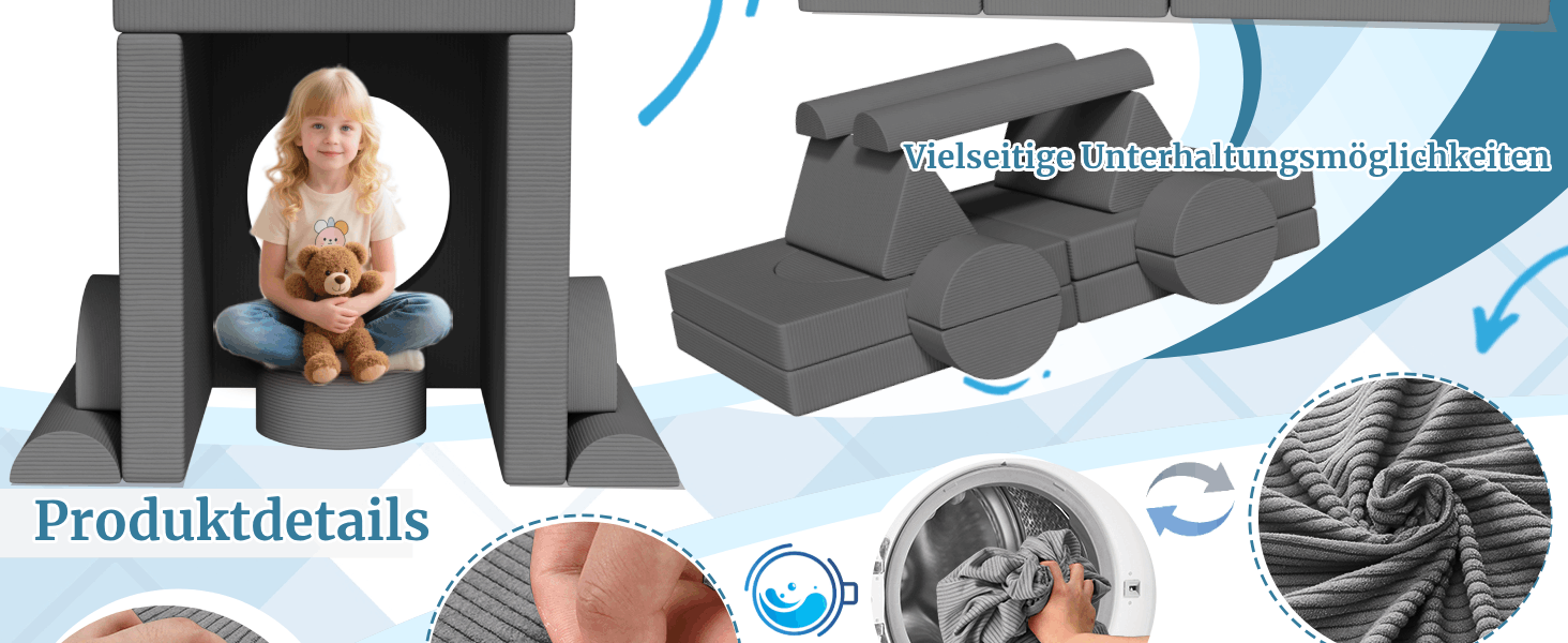 Модульна дитяча кушетка-конструктор MAMIZO Spielsofa Cord, 15 елементів, сірий колір. Кушетка для ігор та відпочинку, екологічна тканина Oeko-Tex, для дитячої кімнати.