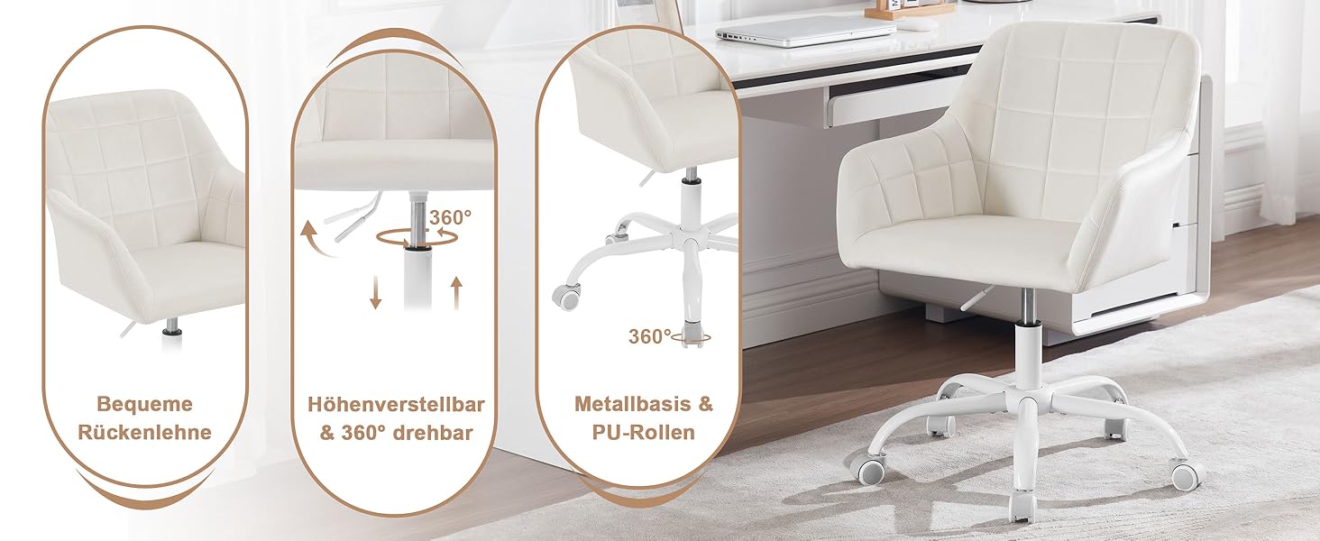 Офісний стілець WOLTU обертовий, ергономічний, з роликами, регульована висота, оксамит, темно-сірий/чорний для дому, офісу, спальні