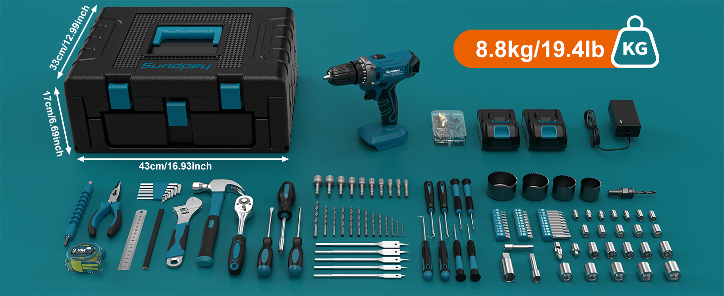 Набір інструментів Sundpey 255 предметів з акумуляторним дрилем-шуруповертом 21V, 2x2000mAh, синій - для дому та авто