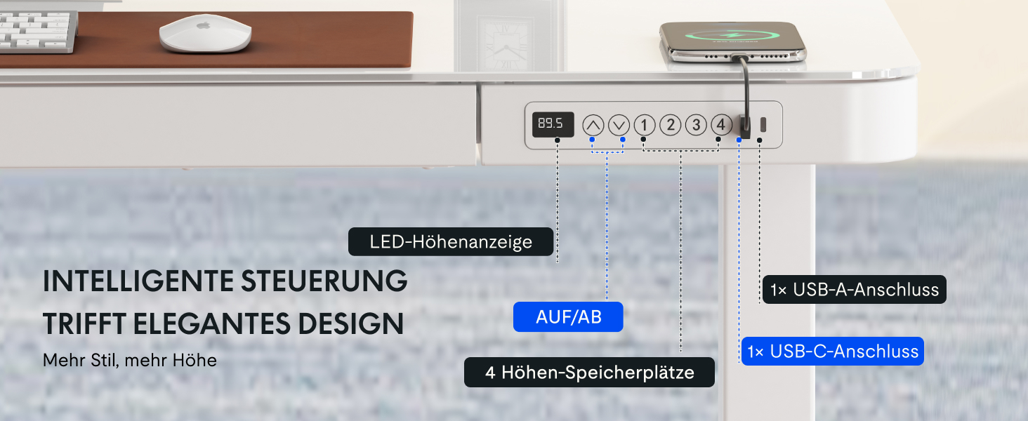 Електричний регульований стіл FLEXISPOT з підняттям, з USB та ящиком, скляна панель 120 x 60 см (сніжно-білий)
