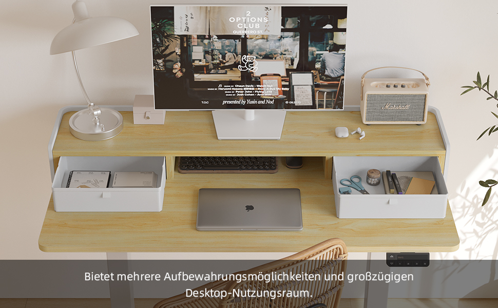 Електричний стіл YIHAYO з висувними ящиками та підставкою для монітора 120x60 см, регулювання висоти, пам'ять, Natural White, Natural поверхня