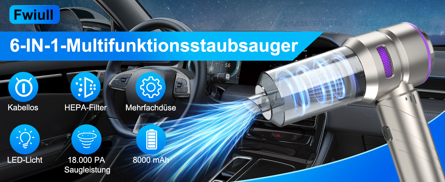Бездротовий ручний автомобільний пилосос 4 в 1, потужність 18000Па, безщітковий мотор 200 000 об/хв, 3 рівні всмоктування для авто, дому та шерсті тварин, сріблястий