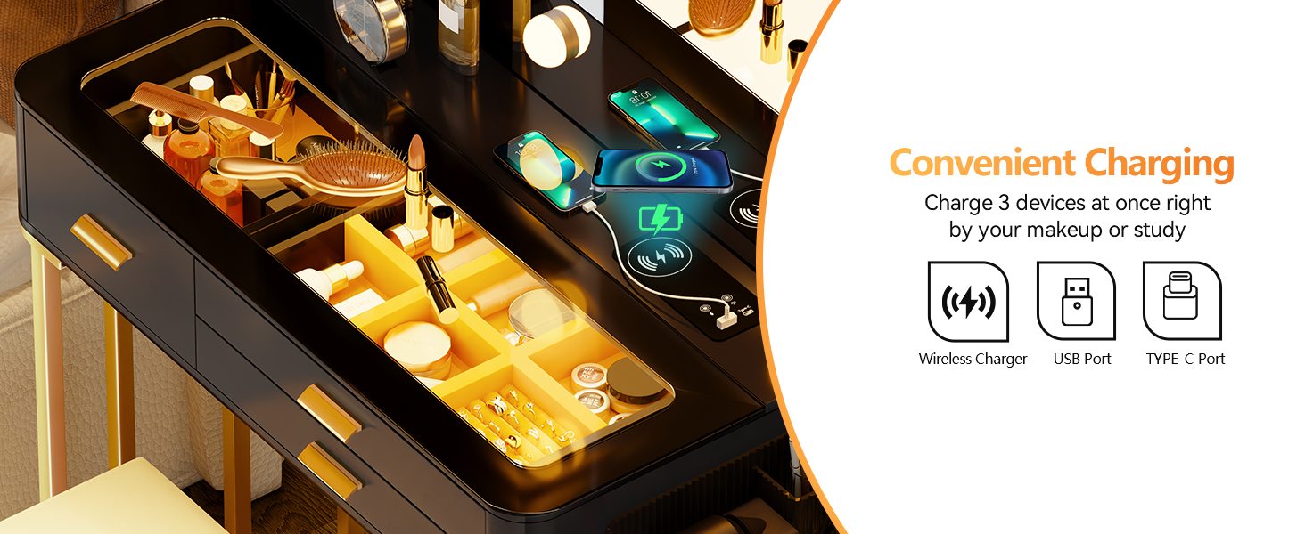 Трюмо Lvifur з дзеркалом у стилі Голлівуд, 10 регульованих лампочок, пуф, ящик, станція зарядки, USB-порт, чорний колір