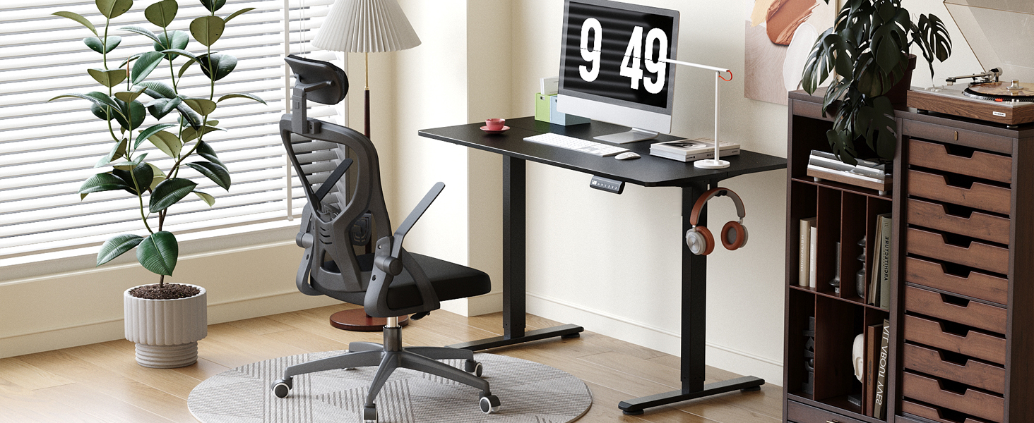 Електричний регульований стіл BONTEC 120x60 см з LED-дисплеєм, 3 пам'яті висоти, тримач для навушників, чорний