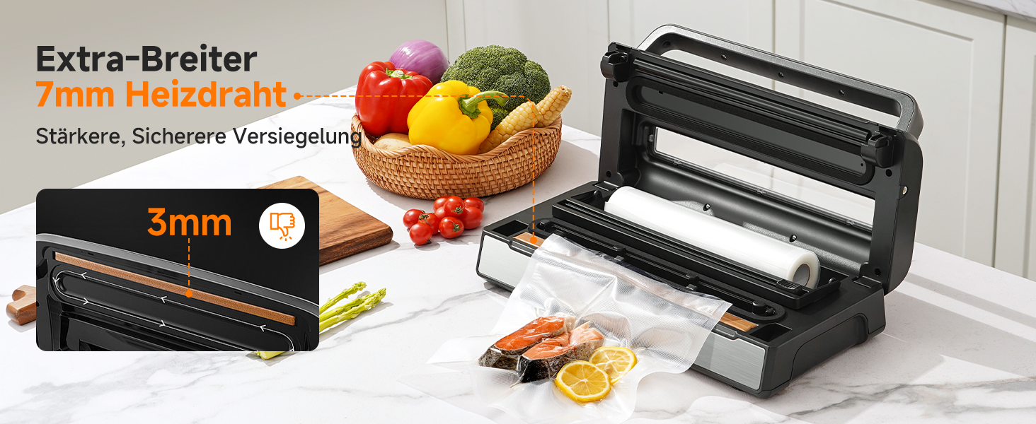 Вакууматор для продуктів 9-в-1 з потужністю 95 кПа, регулюванням часу та тиску, функцією пам'яті, подвійним запаянням, вбудованим різаком та відсіком для пакетів, корпус із нержавіючої сталі, у комплекті 2 ролини та шланг