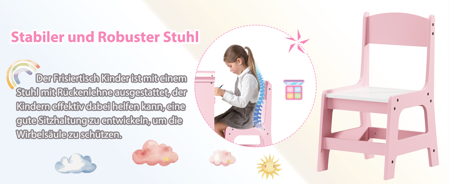 Дитячий туалетний столик MAMIZO 2 в 1 з дзеркалом та пуфом, рожево-білий (108x30x114 см)