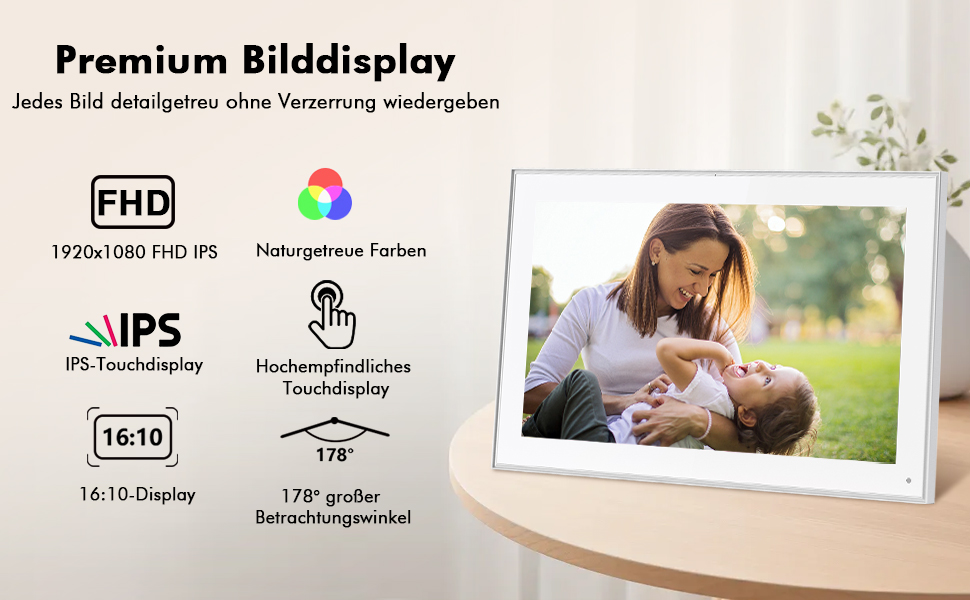 Цифровий фоторамка FRAMEO з Wi-Fi, 32 ГБ, 10,1 дюйма, IPS LCD, сенсорний екран, Smart Cloud, автоматичне обертання, підключення до Frameo App (15,6 дюйми, білий)