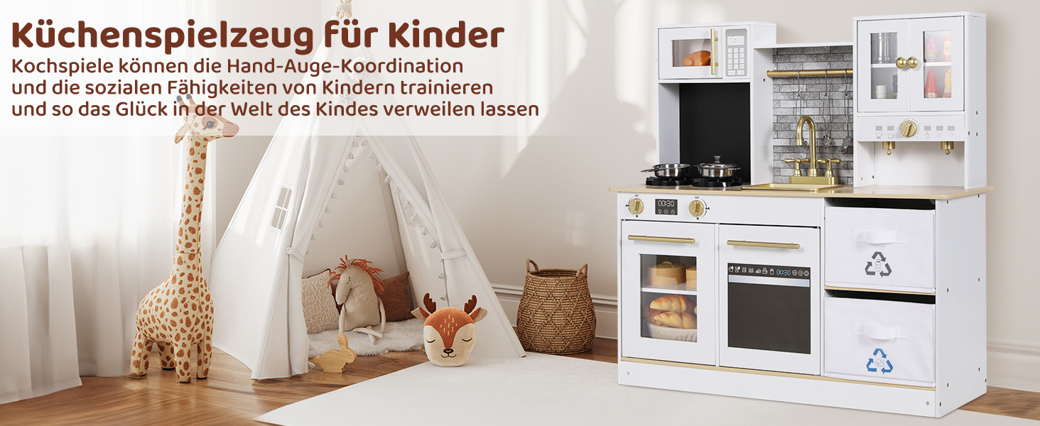 Дерев'яна дитяча кухня MAMIZO з підсвіткою та звуком, 90x30x90 см, з аксесуарами та 2 ящиками для зберігання, іграшка для дітей від 3 років, білий колір