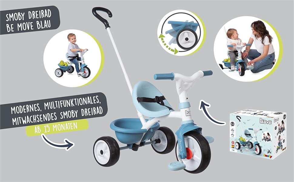 Триколісний велосипед Smoby Be Move з батьківською ручкою, ременем безпеки, металевим каркасом та педальним механізмом для дітей від 15 місяців (Блакитний)