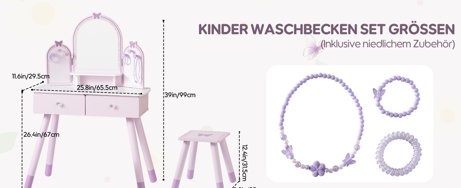 Дитячий туалетний столик ROBUD з дзеркалом, пуфом, шухлядами та аксесуарами (ігровий набір)