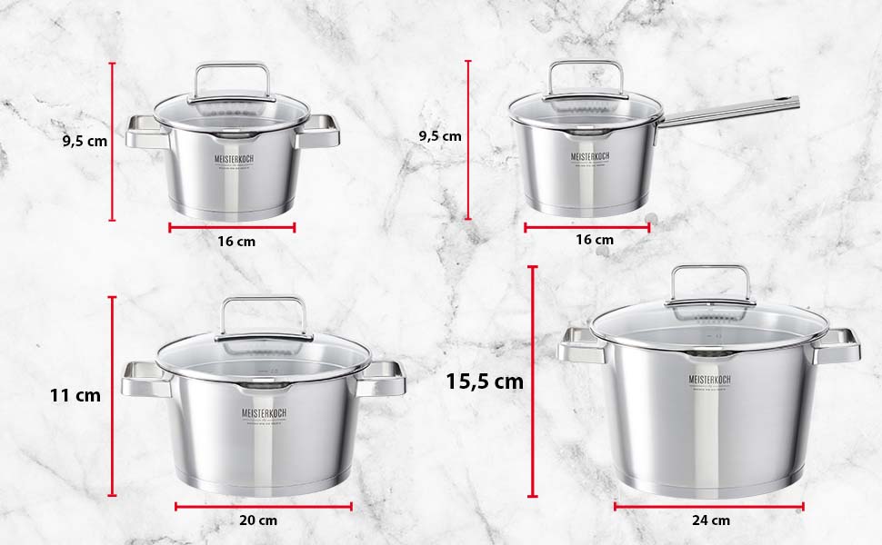 Каструля Meisterkoch з нержавіючої сталі 16 см | з виливом, мірною шкалою та ізольованою ручкою | 1 скляна кришка з дрібним та великим ситом | посуд з нержавіючої сталі, підходить для індукційних плит 16 см