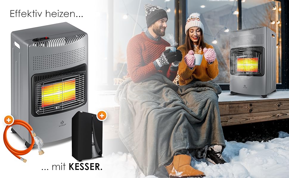 Газовий обігрівач KESSER® 4200W з керамічним нагрівачем, газовий опалювач, інфрачервовий нагрівач, для будинку та на вулицю, сумісний з бутаном/пропаном (до 15кг), сірий, з регулятором тиску, шлангом та захисним кожухом