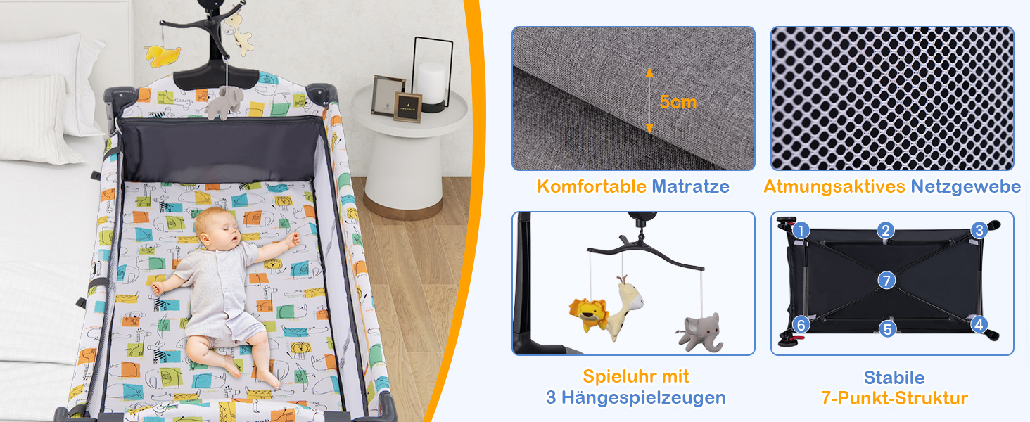 Дитяче ліжко-манеж COSTWAY 120x60 см з матрацом, пеленальним столиком, іграшками та музичною шкатулкою, сірий колір