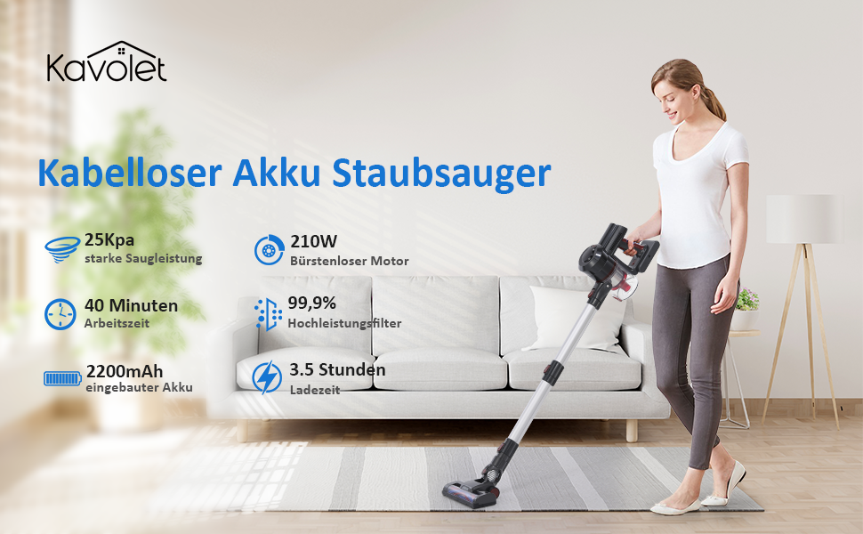 Акумуляторний пилосос Kavolet 25 KPa, 40 хв роботи, 2-в-1 для дому та авто, з насадкою для щілин та щіткою