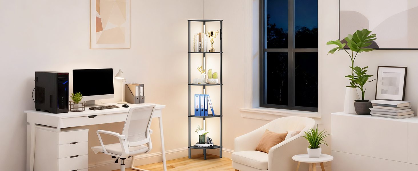 LED торшер з полицею, 3 режими світла, димування (сенсор/пульт), кутова полиця 5-рівнів, вузький книжковий стелаж для вітальні, спальні, офісу (білий)