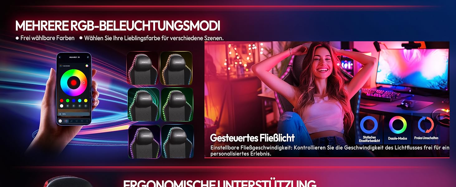 Ігровий крісло Dowinx з RGB підсвічуванням, LED крісло для геймерів з підніжкою, ергономічне крісло з масажем попереку, для дорослих, PU шкіра, білий (чорний)