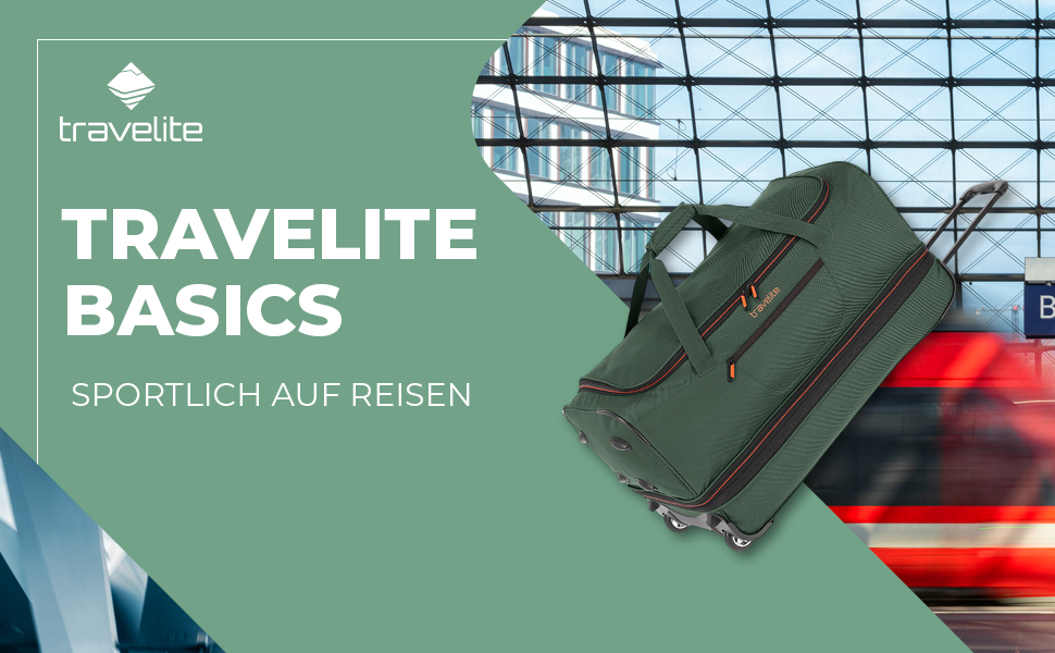 Дорожня сумка на колесах Travelite Basics Duffle L, 98-119 л, Зелено-помаранчева, 55 см
