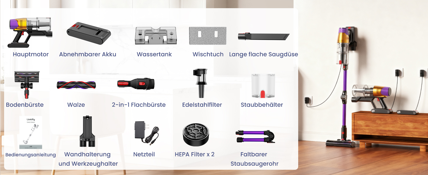 Бездротовий пилосос Linkfly A12 з функцією миття підлоги, 8-в-1, 48Kpa, 550W, 70Min, сенсорний екран, контейнер 1,5L, док-станція для стін, підходить для килимів/авто/шерсті домашніх тварин, фіолетовий