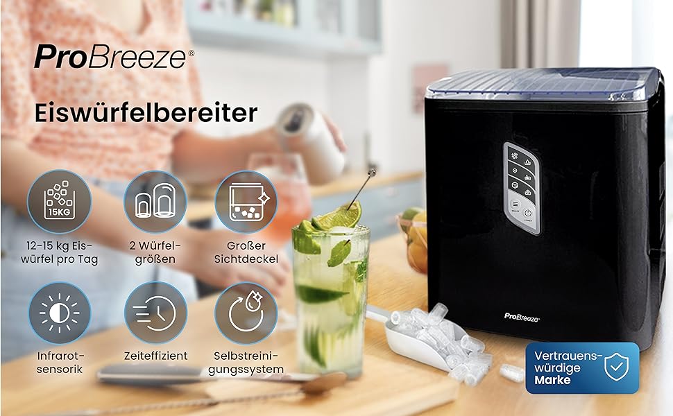 Машина для приготування кубиків льоду Pro Breeze, 12-15 кг/день, 6-9 хв, бак 2 л, 2 розміри, самоочисний, чорний