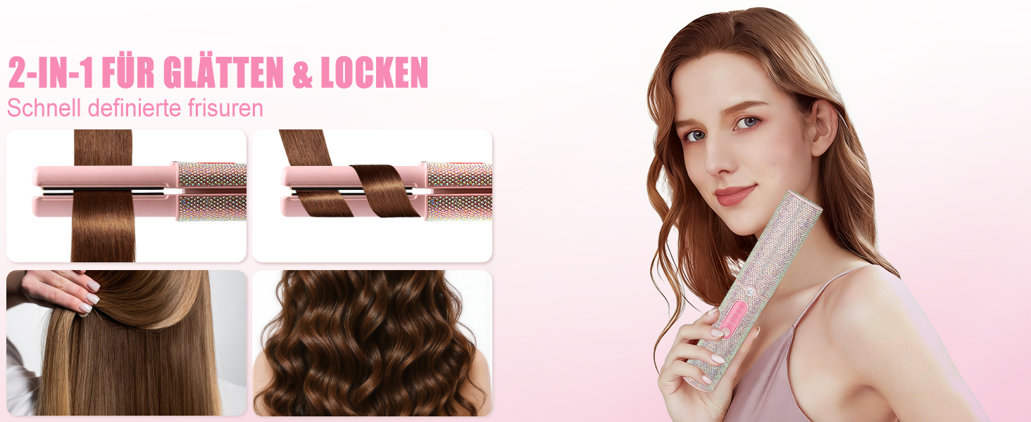 Бездротовий випрямляч для волосся Mini Glätteisen Titan з акумулятором 5000mAh, рожевий: 2-в-1 для випрямлення та завивки, портативний міні-випрямляч для подорожей з швидким нагрівом до 210°C