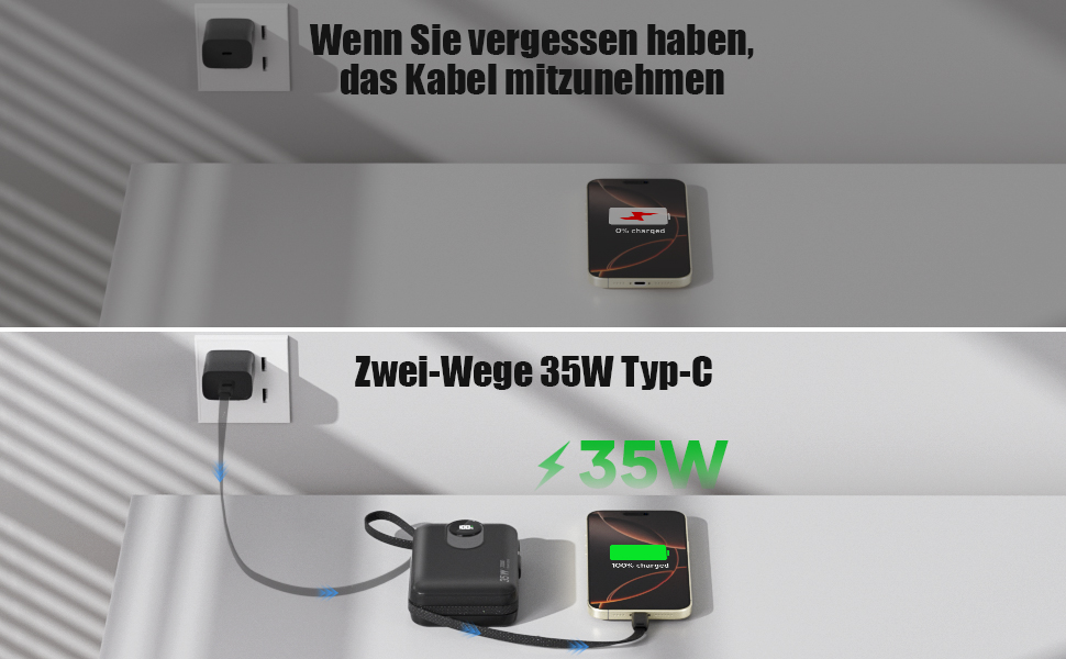 З кабелем, швидка зарядка 35 Вт, 4 виходи, 2 входи, USB C, чорний, 20000mAh