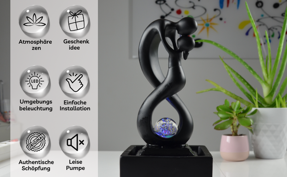 Кімнатний фонтан Zen'Light Amor чорного кольору з LED-підсвічуванням - сучасний декор, знімний елемент, закритий цикл, ротова куля, 31x14x14 см