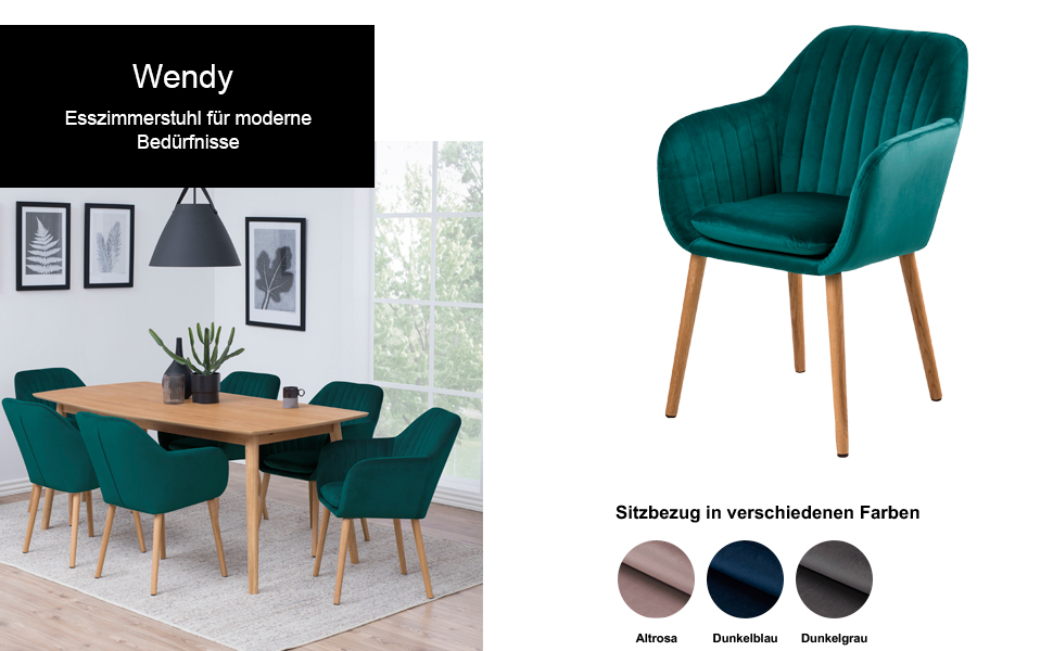 AC Design Furniture Стілець для їдальні Wendy, 57x61x83 см, смарагдовий/дуб, велюр/дуб, 1 шт.