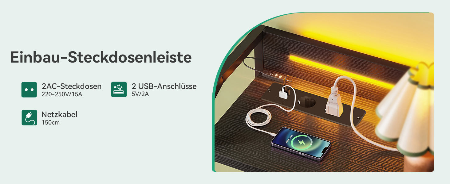 Комод ODK з висувними ящиками та LED-підсвіткою, 10 кольорів, 2 USB та 2 AC розетки, 8 тканинних ящиків, для вітальні та спальні, 110x30x88 см (Чорний)