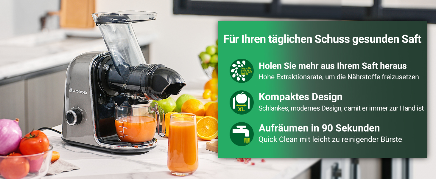 Електричний соковитискач AOBOSI Slow Juicer з 2 швидкостями, для овочів та фруктів, з 8-ступеневою спіраллю, щіткою для очищення та 2 чашами, функція реверсу, сірий