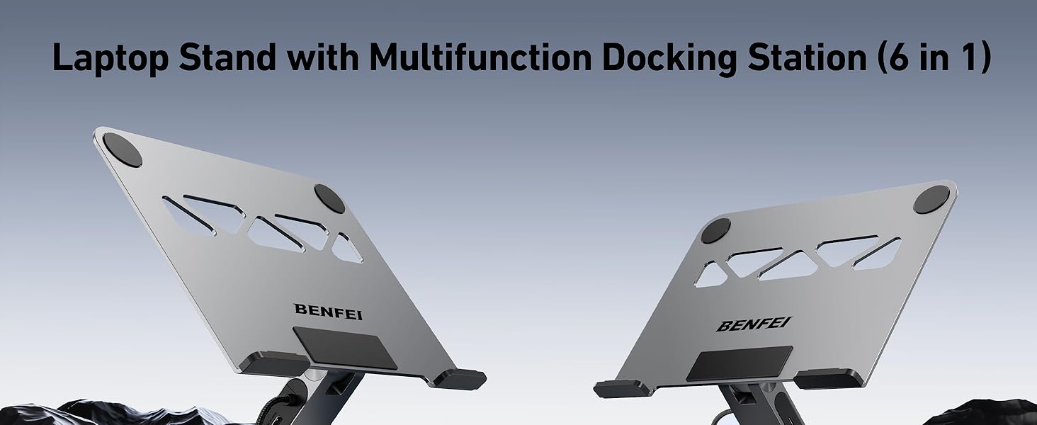 Підставка для ноутбука BENFEI з док-станцією USB-C 6-в-1: HDMI (4K@60Hz), Gigabit LAN, 100W Power Delivery, 10Gbps (1x USB-C 3.2 & 2x USB-A 3.2) – сумісна з MacBook Pro/Air, iPad Pro, XPS, ThinkPad