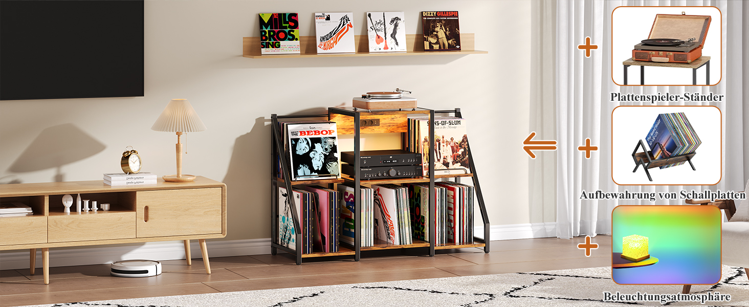 Підставка для програвача вінтаж велика з розеткою та LED-підсвіткою, тримач для платів, полиця для вінілу на 300 альбомів, для вітальні, спальні