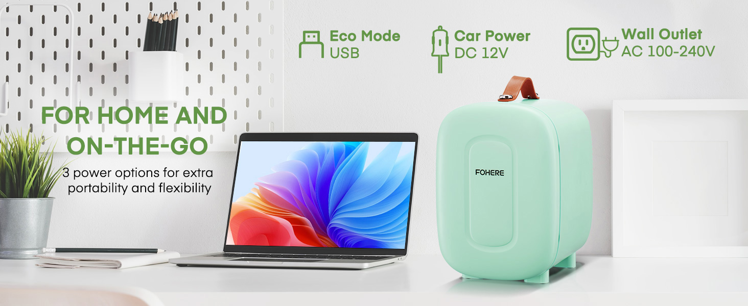 Міні холодильник FOHERE 5 літрів / 6 банок, USB живлення, 220V AC/12V DC, для напоїв та догляду за шкірою, білий (зелений)