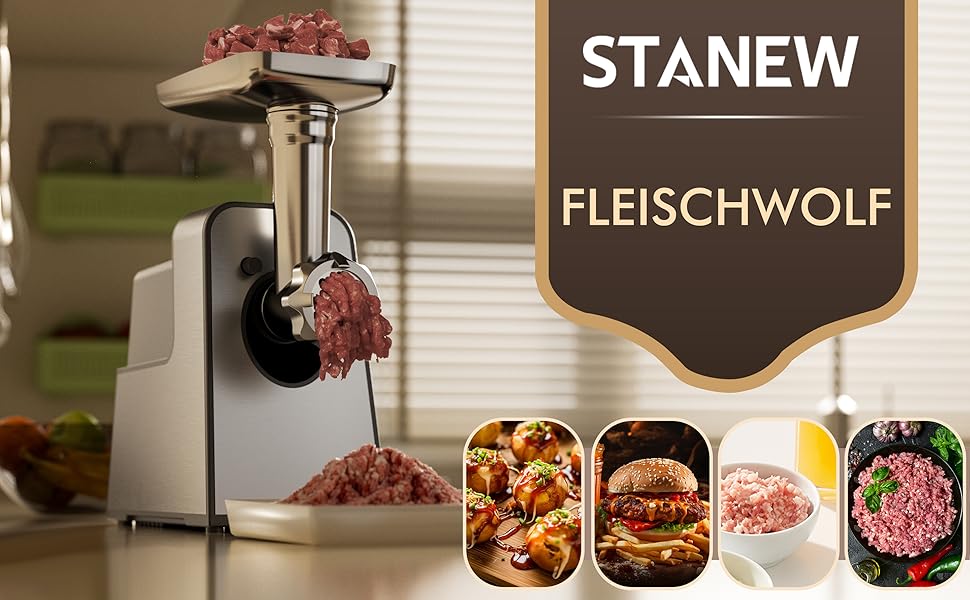 Електричний м'ясорубка STANEW Fleischwolf 3 в 1: м'ясорубка, машина для куббе та ковбас, нержавіюча сталь, 3,5 кг/хв, 3500 Вт