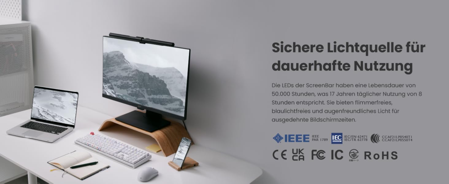 BenQ ScreenBar - LED лампа для монітора з регулюванням кольору та автоматичним затемненням, захист очей, USB зарядка, офісна лампа