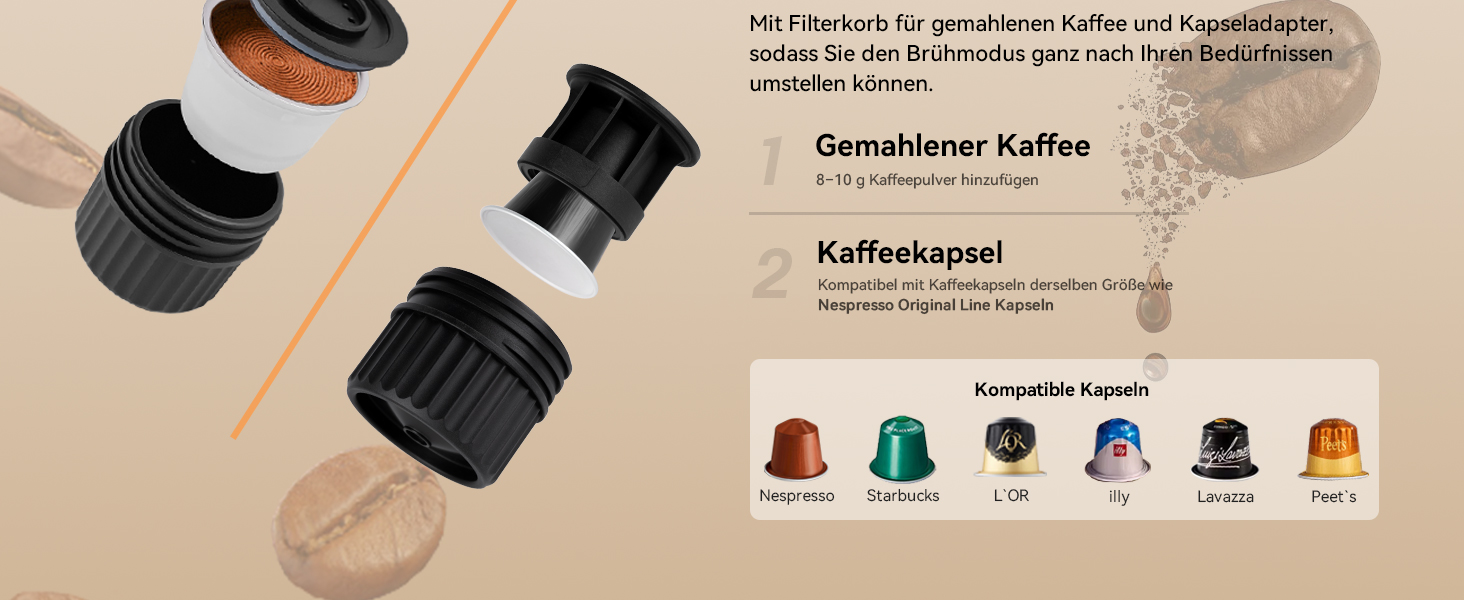 Портативна кавомашина BeanzTrip H02 PRO з акумулятором, 2-в-1: для капсул та меленої кави, 20 Bar, USB-C, для подорожей, кемпінгу, чорна