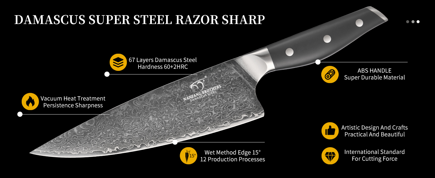 Набір кухонних ножів NANFANG BROTHERS Дамаск 7 предметів з бруском, нековзний ABS, нержавіюча сталь, шеф-ніж, хлібний ніж, сантоку, ніж для чищення, ножиці