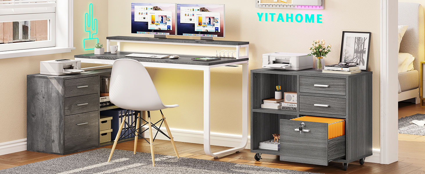 Шафа для документів YITAHOME з 3 висувними ящиками, на коліщатках, для дому та офісу, з полицями для A4, з замком, сірого кольору